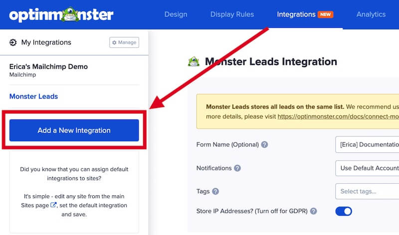 Add new integration in OptinMonster. - OptinMonster Add new integration in OptinMonster.