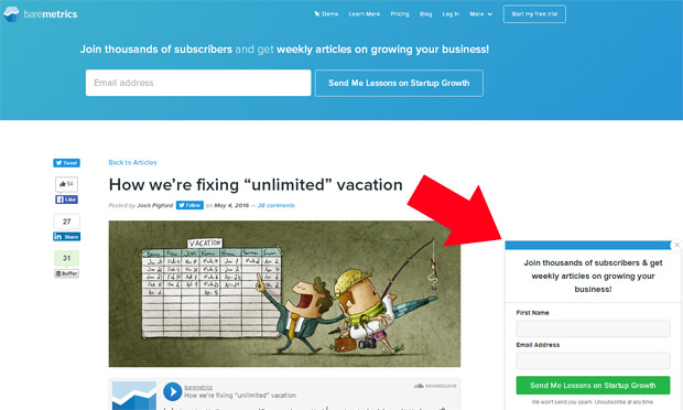 Baremetrics Slide-in - OptinMonster Baremetrics Slide-in