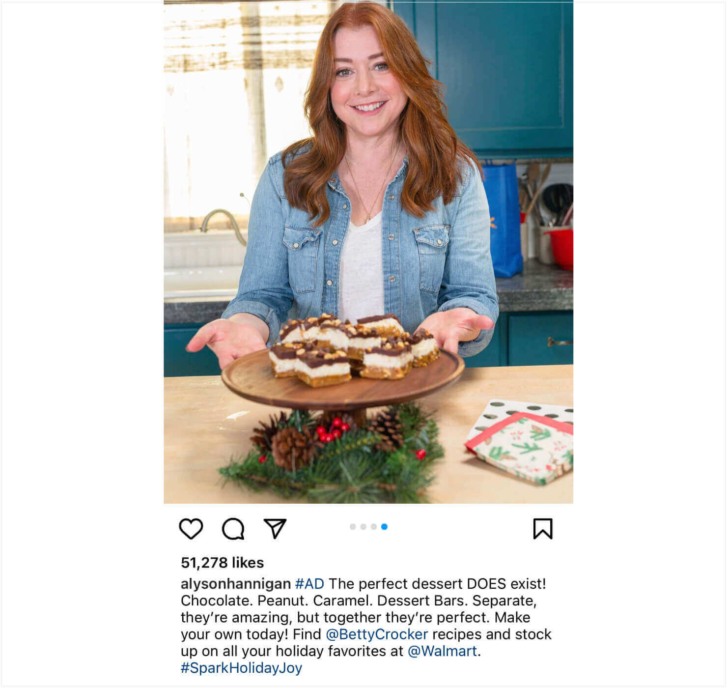 betty-crocker-celebrity-endorsement- social-proof - OptinMonster Instagram post from actress Alyson Hannigan. The photo shows her with a platter of a dessert. Text says: "alysonhannigan #AD The perfect dessert DOES exist! Chocolate. Peanut. Caramel. Dessert Bars. Separate, they're amazing, but together they're perfect. Make your own today! Find @BettyCrocker recipes and stock up on all your holiday favorites at @Walmart. #SparkHolidayJoy"