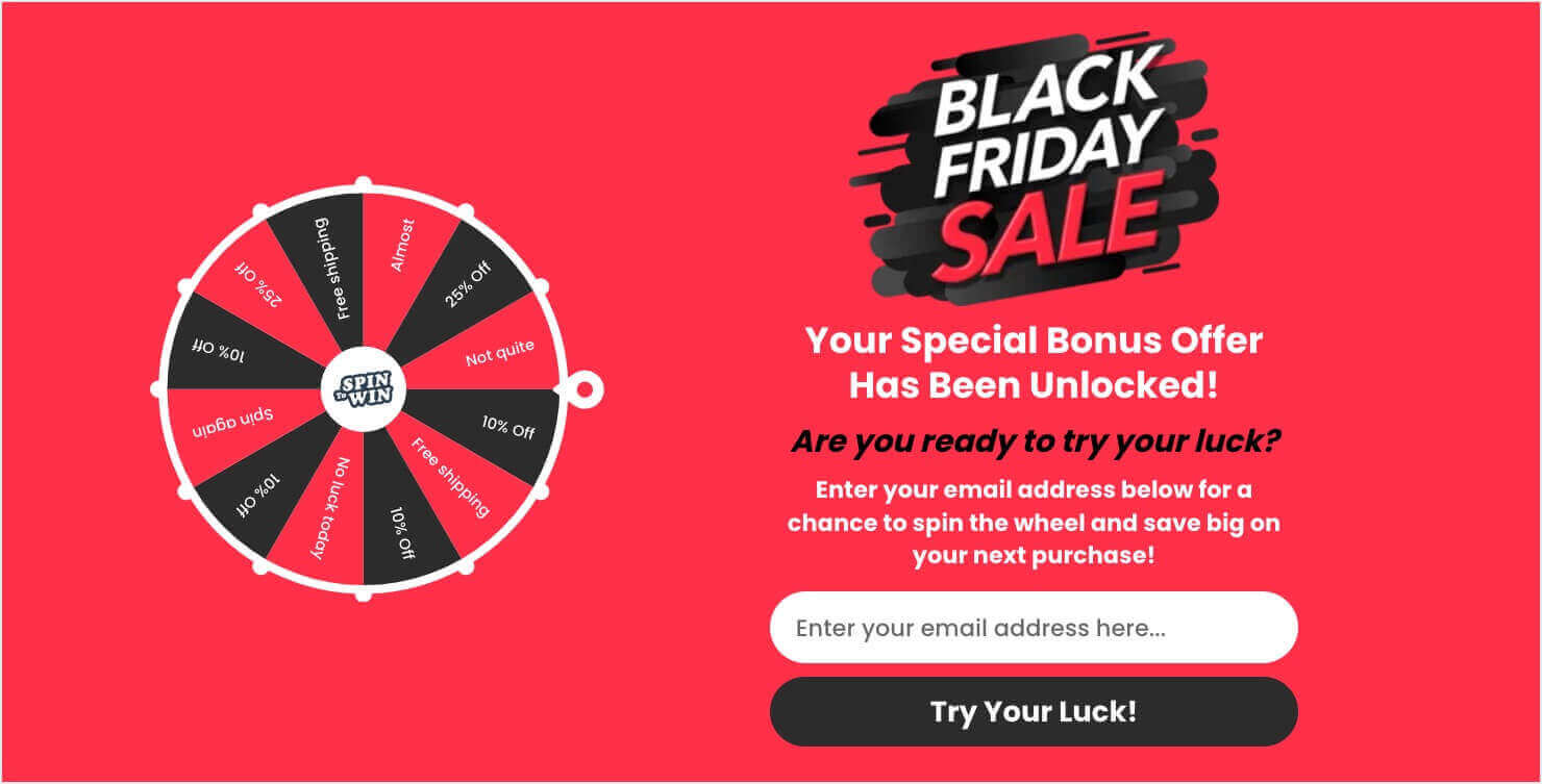 black-friday-coupon-wheel-optinmonster - OptinMonster Black Friday coupon wheel popup. Website visitors have to enter an email address to spin the wheel.