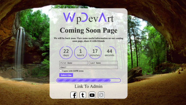 coming-soon-wordpres-page-by-wpdevart - OptinMonster Coming Soon Page example from wpdevart. It includes a countdown timer and social media links