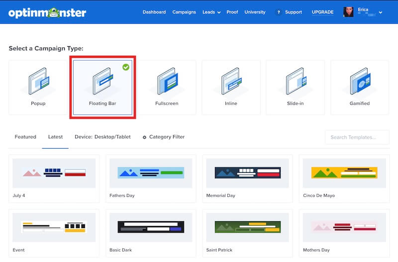 Select Floating Bar as the campaign type - OptinMonster Select Floating Bar as the campaign type