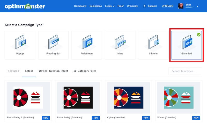 Select Gamified as the campaign type - OptinMonster Select Gamified as the campaign type