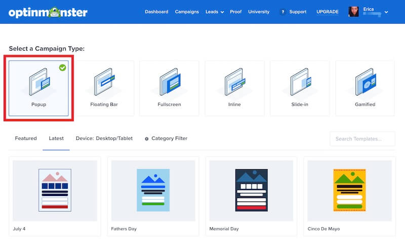 Select Popup as the campaign type - OptinMonster Select Popup as the campaign type