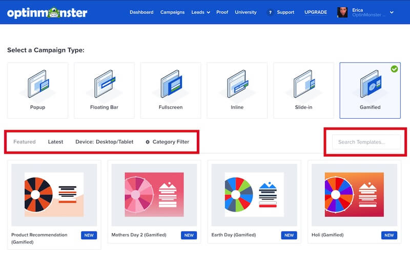 Filter and search available Gamified campaign templates in OptinMonster. - OptinMonster Filter and search available Gamified campaign templates in OptinMonster.