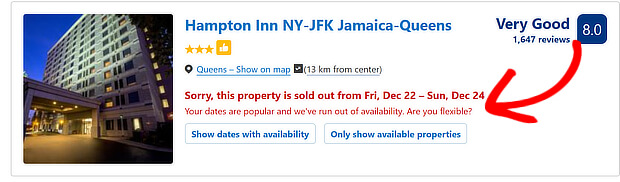 FOMO marketing tactics - bookingcom sold out - OptinMonster FOMO marketing examples - bookingcom sold out