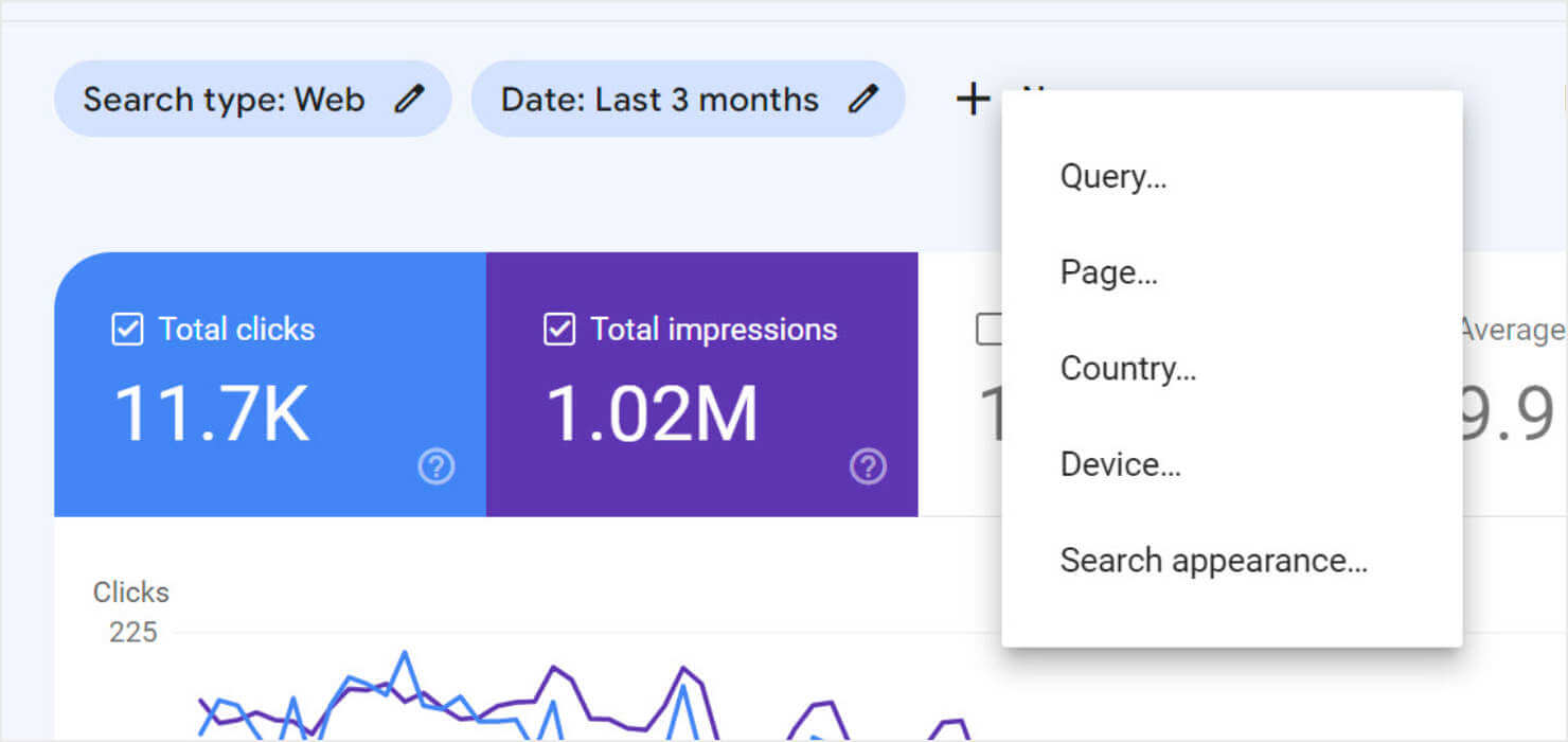 google-search-console-add-new-filter - OptinMonster New filter menu in Google Search Console. It includes Query, Page, Country, Device, and Search appearance.