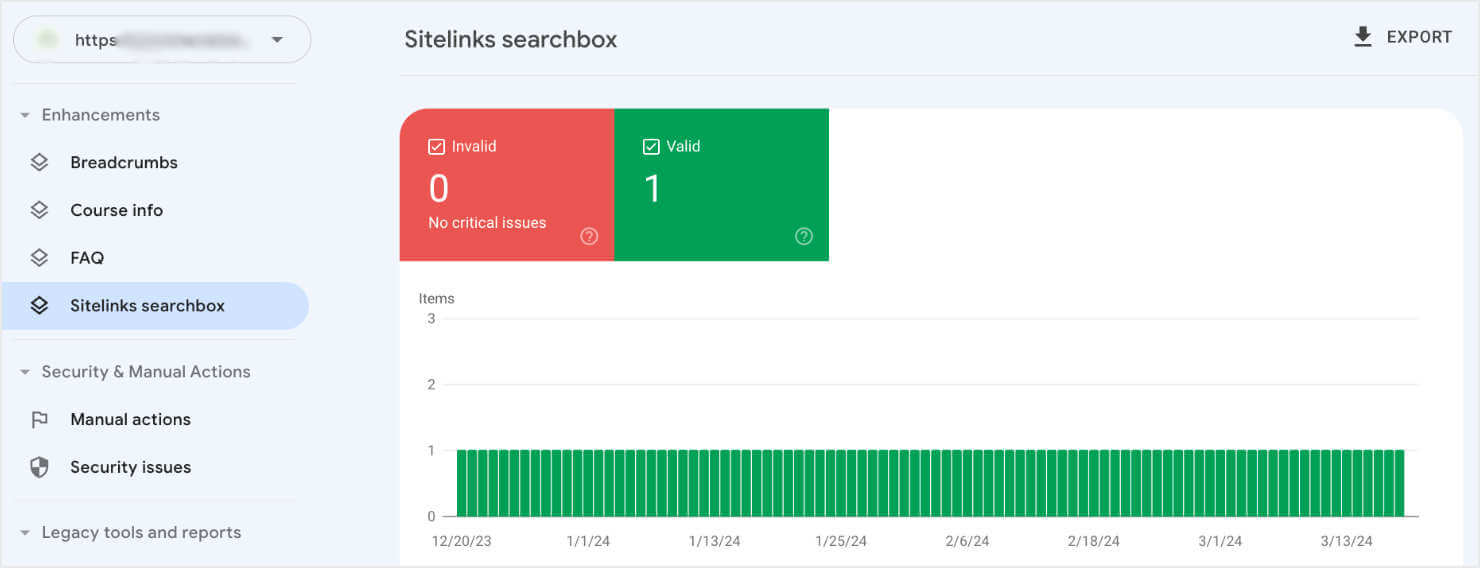 google-search-console-enhancements-sitelinks-searchbox - OptinMonster GSC report for Sitelinks Searchbox under Enhancements