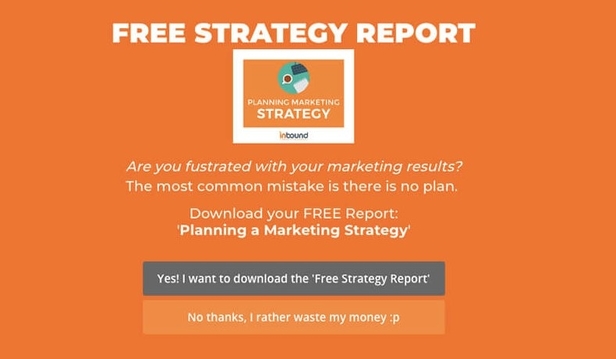Inbound Marketing Fullscreen Welcome Popup - OptinMonster Inbound Marketing email popup. It offers a free downloadable report called "Planning a Marketing Strategy."
