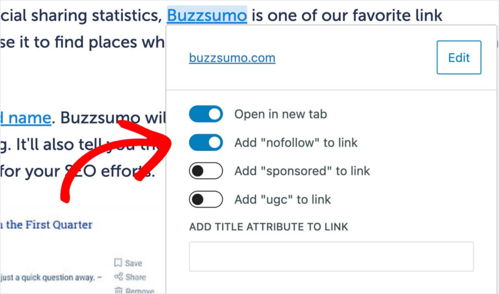 nofollow-link-in-wordpress - OptinMonster A screenshot of a post being edited in WordPress. The link settings are open for a specific external link, with toggles for "Open in new tab," "Add nofollow to link," "Add sponsored to link," and "Add ugc to link."