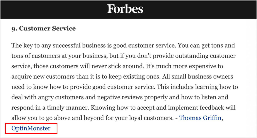 optinmonster-backlink-example-from-forbes - OptinMonster A screenshot of a Forbes article. It contains a quote about the importance of customer service. The quote is signed "Thomas Griffin, OptinMonster," and is backlinked to OptinMonster's website.