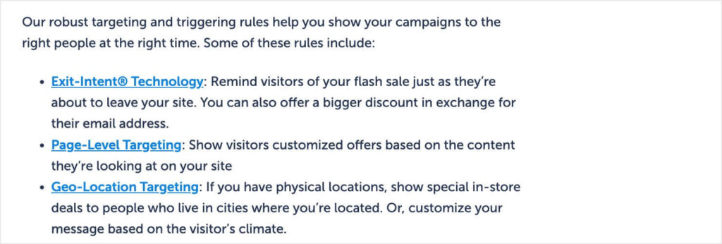 optinmonster-internal-linking-example-on-page-seo - OptinMonster Screenshot of an OptinMonster blog post with internal links for Exit-Intent® Technology, Page-Level Targeting, and Geo-Location Targeting. Internal linking improves on-page SEO.