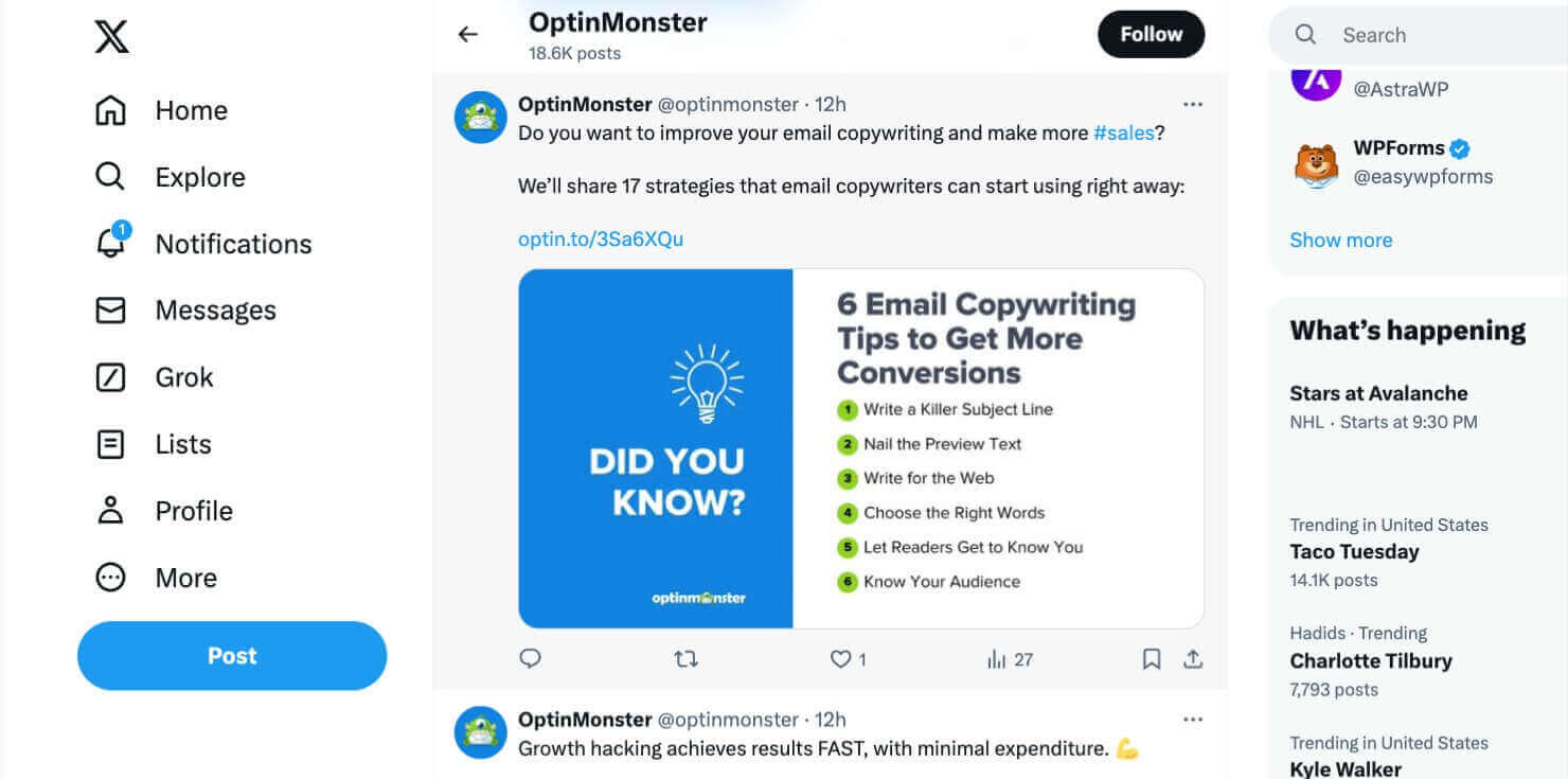 optinmonster-x-feed-blog-posts - OptinMonster Screenshot of OptinMonster's X profile. It shows that OptinMonster regularly shares their blog posts on X.