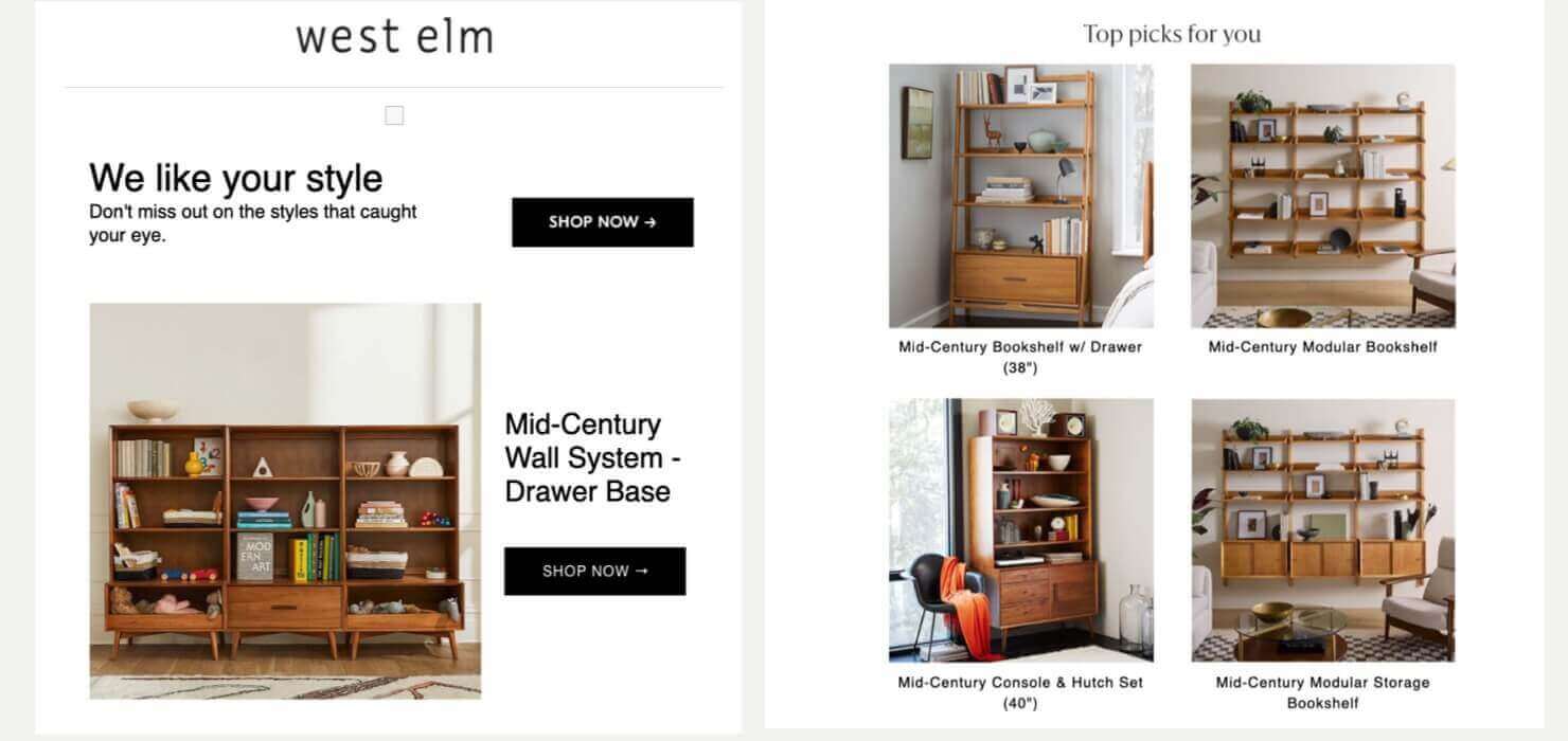 west-elm-winback-email-campaign-example - OptinMonster Email from West Elm that says " We like your style. Don't miss out on the styles that caught your eye." It then features a product the user has looked at. Then theere's a "Top picks for you" section with similar products