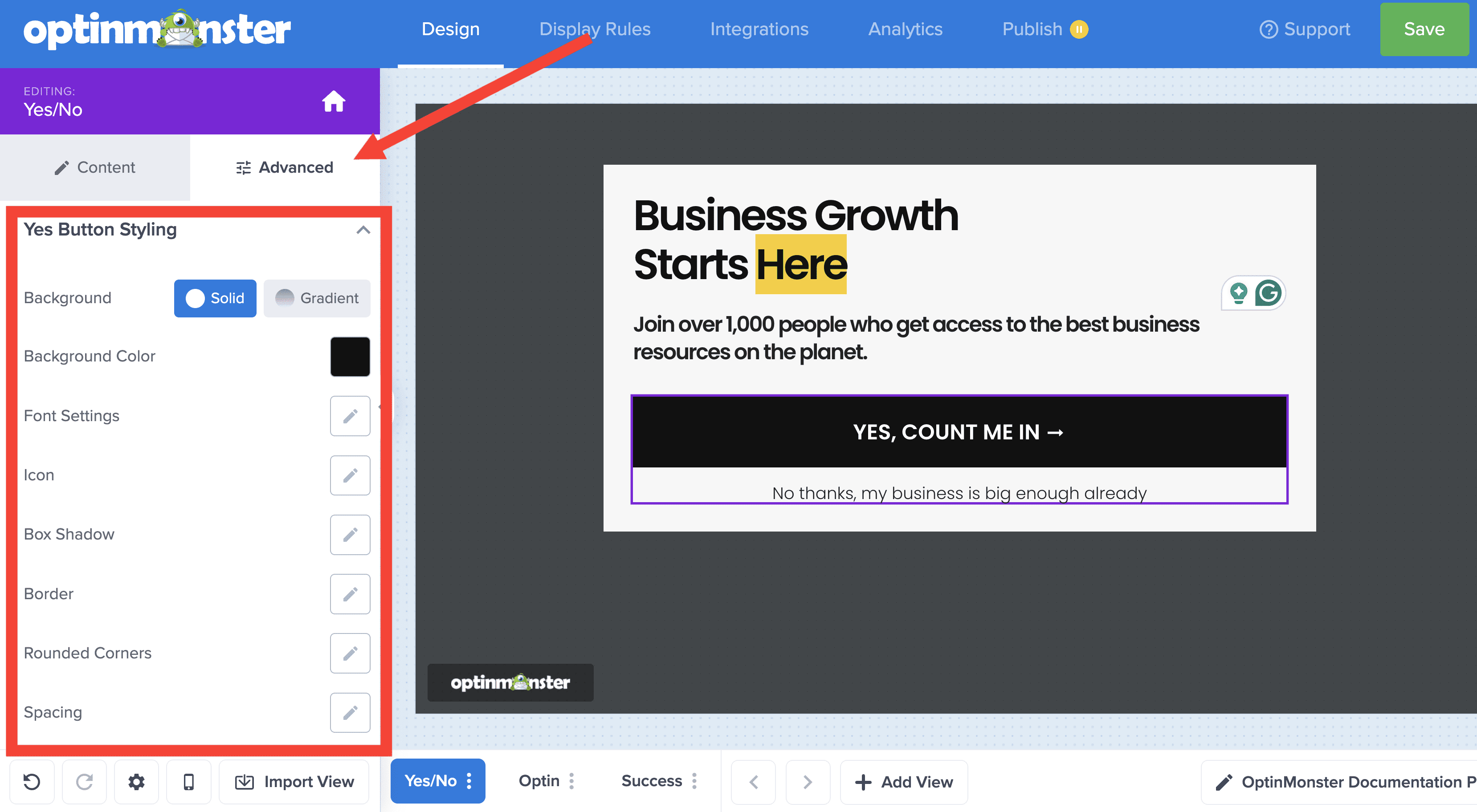 delete column contents canvas - OptinMonster button advanced settings