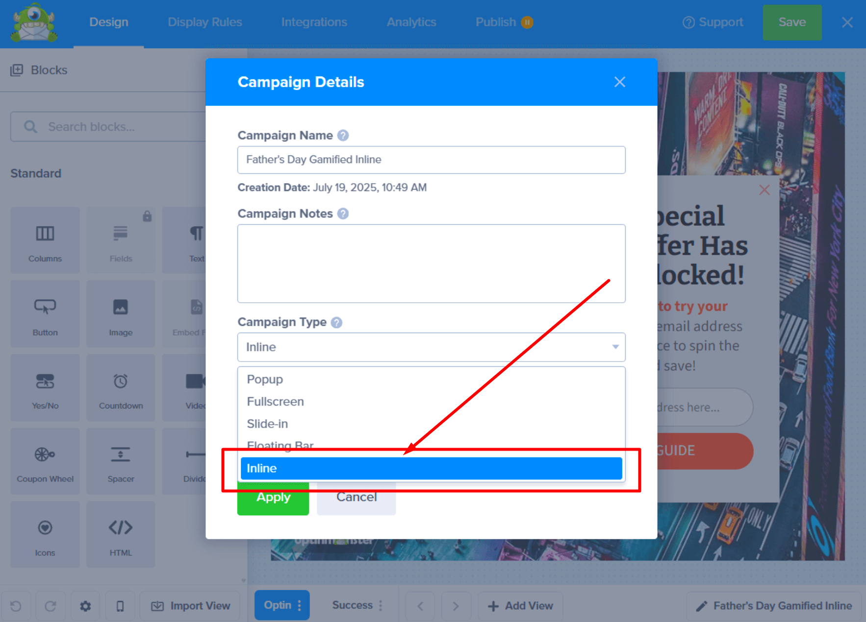 chose_inline_from_change_campaign_modal_9 - OptinMonster Choosing 'Inline' from the list of campaign type options.