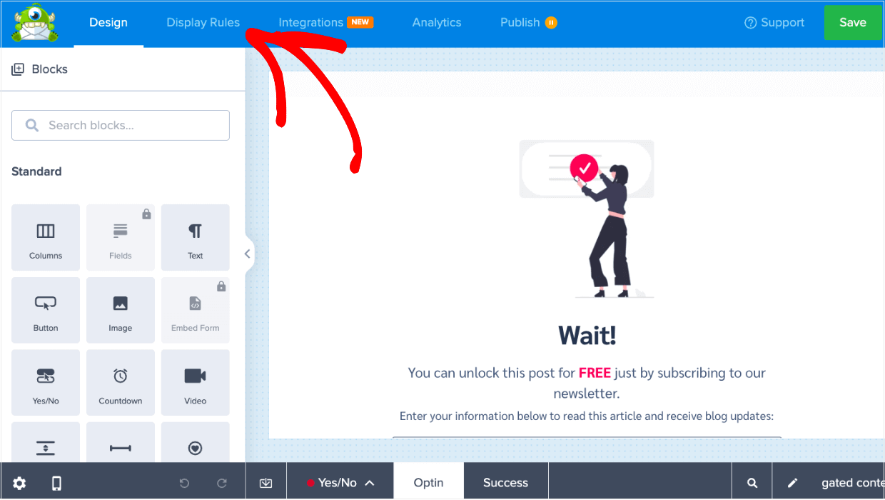 display-rules-for-gated-content-campaign - OptinMonster The Display Rules tab is at the top of the screen when designing your gated content campaign