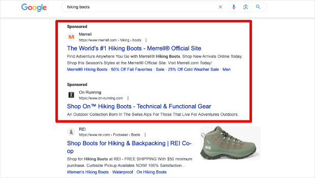 Google search results page for "hiking boots." It shows two sponsored results above the organic results. - OptinMonster Google search results page for "hiking boots." It shows two sponsored results above the organic results.