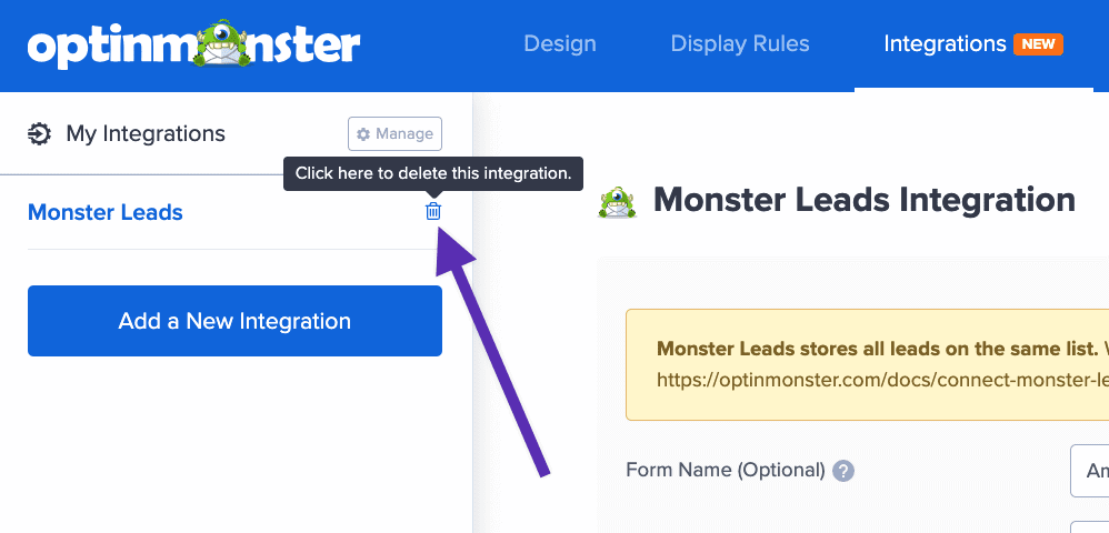 Delete all existing Integrations from the campaign builder in OptinMonster. - OptinMonster Delete all existing Integrations from the campaign builder in OptinMonster.