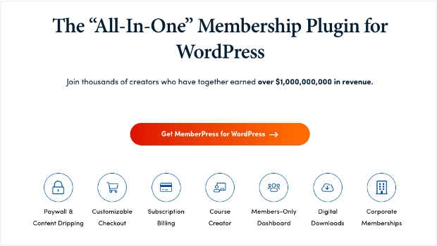 MemberPress home page - OptinMonster Home page for MemberPress. "The 'All-In-One' Membership Plugin for WordPress. Join thousands of creators who have together earned over $1,000,000,000 in revenue"