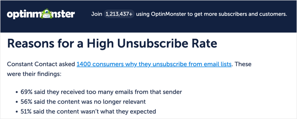 optinmonster-outbound-link-building-example - OptinMonster OptinMonster blog post that uses outbound link building. It says "Constant Contact asked 1400 consumers why they unsubscribe from email lists. These were their findings: (Bulleted list of statistics)." The text "1400 consumers why they unsubscribe from email lists" is a hyperlink to the Constant Contact's survey report.