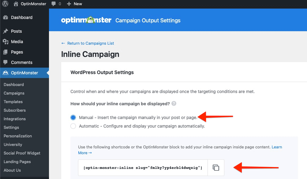 manual inline code optinmonster plugin - OptinMonster manual inline code optinmonster plugin