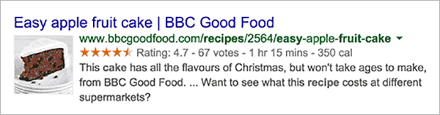 richsnippets-searchresults - OptinMonster Google search result for a recipe. It includes an average start rating, the time the recipe takes to prepar and calorie count.