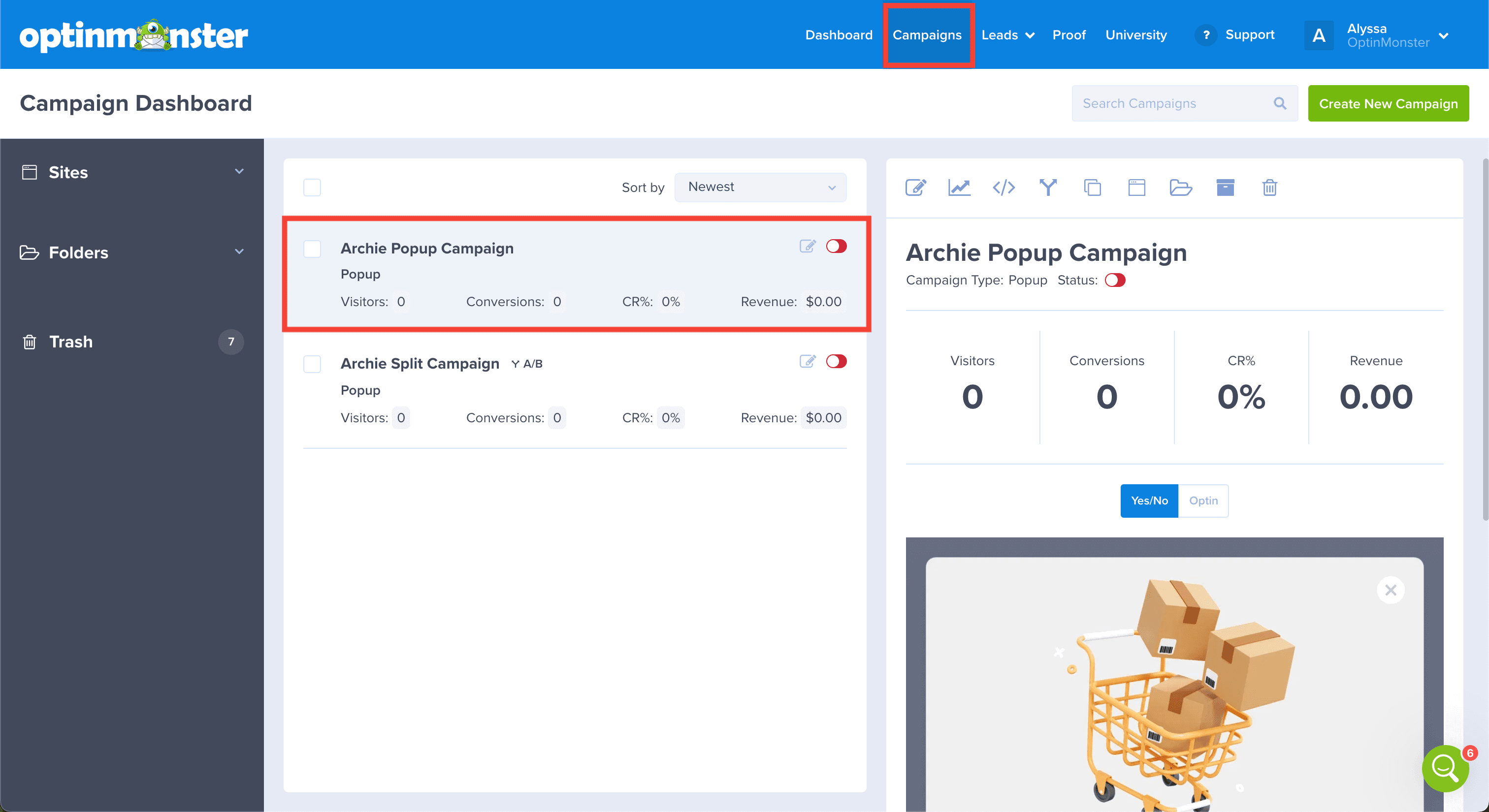 Select Campaign To Split Test - OptinMonster